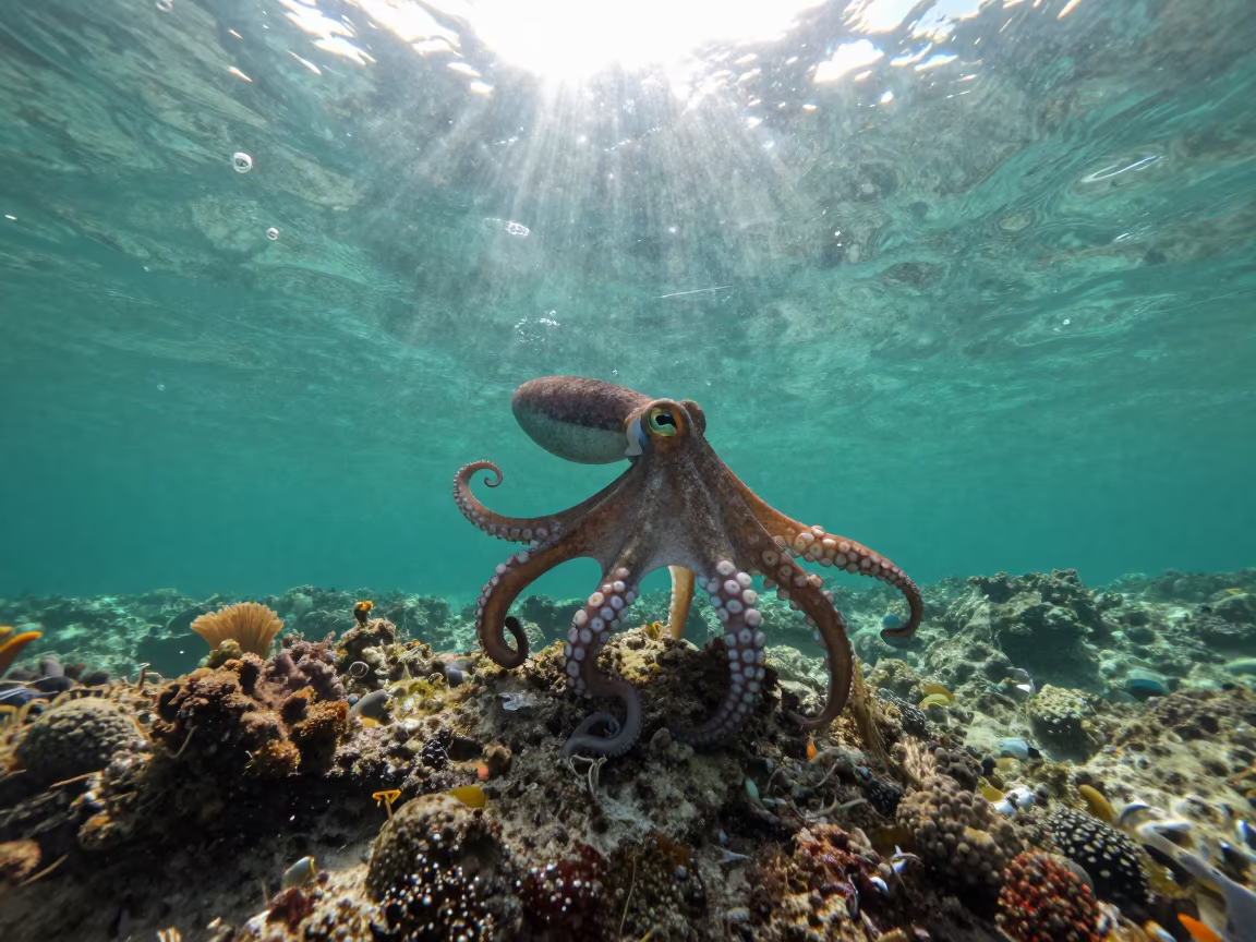 Octopus Above Reef Ledge in Green Surge in beneath a reef ledge in tropical shallows near Zanzibar