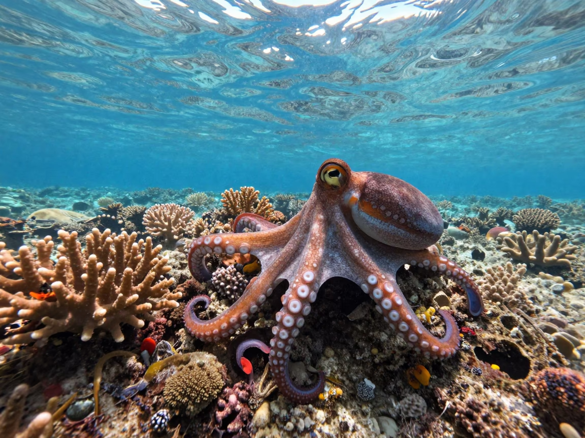 Octopus Camouflaging on Stone Town Reef in along a coral wall with blue water beyond near Stone Town