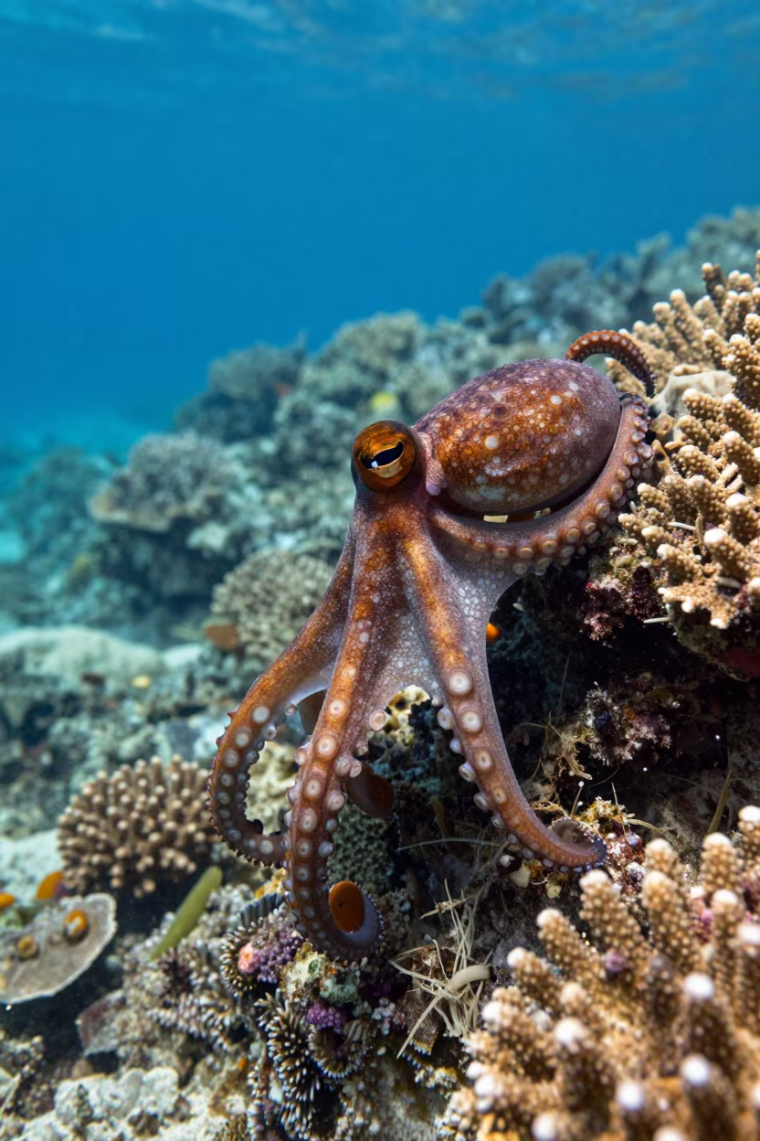Octopus Camouflaging on Zanzibar Coral Reef in along a coral wall with blue water beyond near Zanzibar
