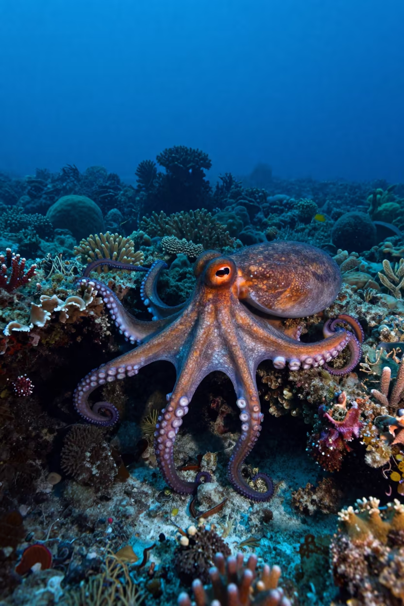 Octopus Changing Color on Zanzibar Reef in beside a reef crevice under clear water near Zanzibar