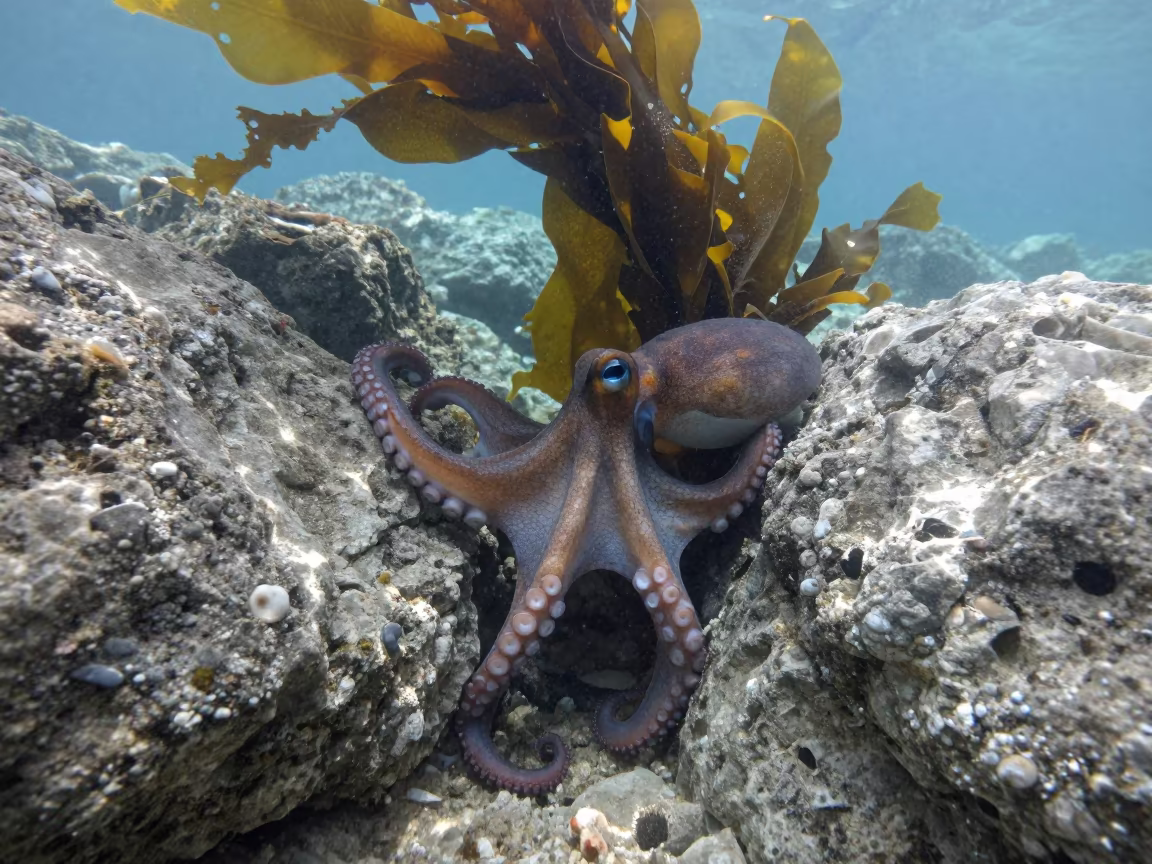 Octopus in Dalmatian Tide Pool Dawn Light in through kelp fronds beside a rocky shelf in Dalmatia