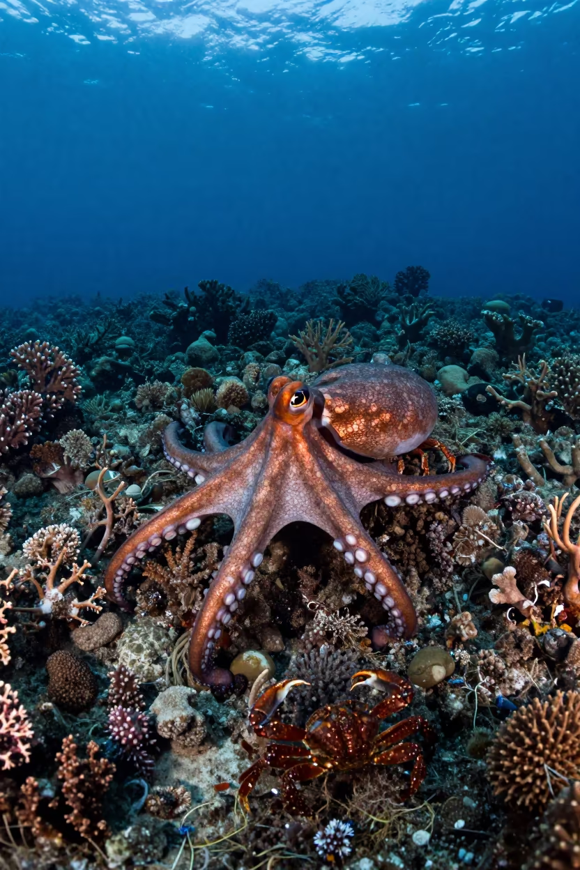 Octopus Hunting Crabs on Cebu Coral Rubble in along a coral wall with blue water beyond near Cebu