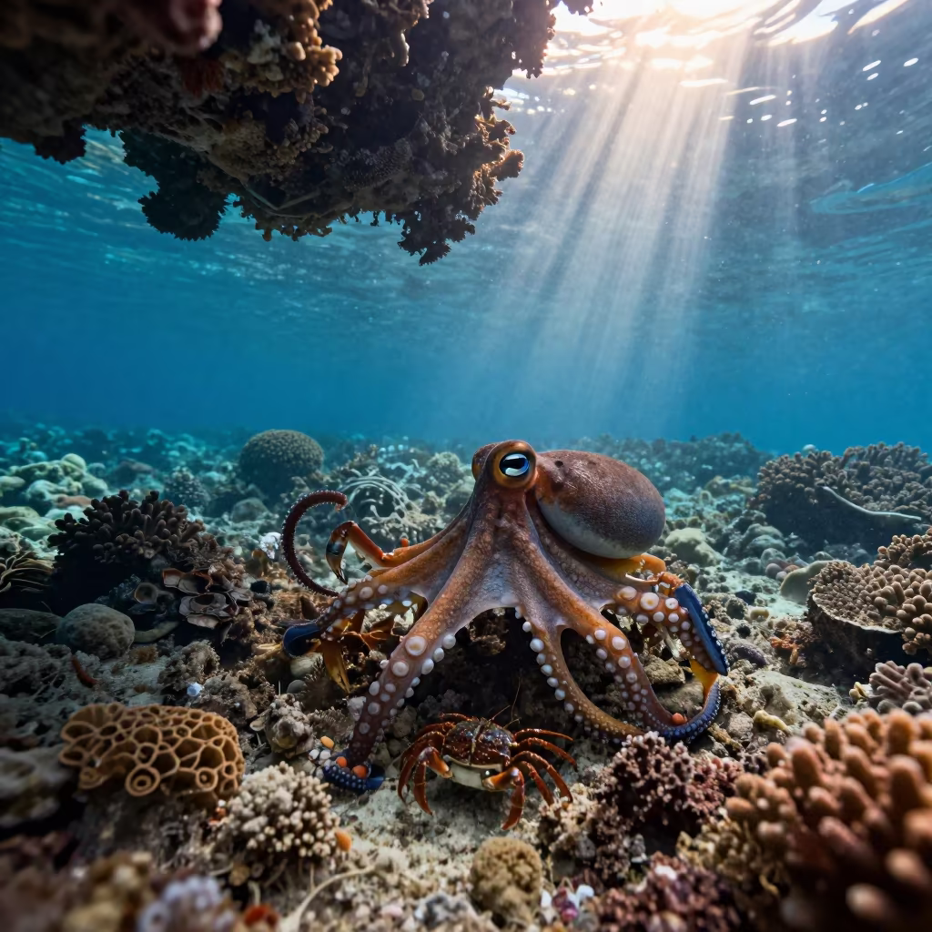 Octopus Hunting Crabs in Zanzibar Reef in beneath a reef ledge in tropical shallows near Zanzibar