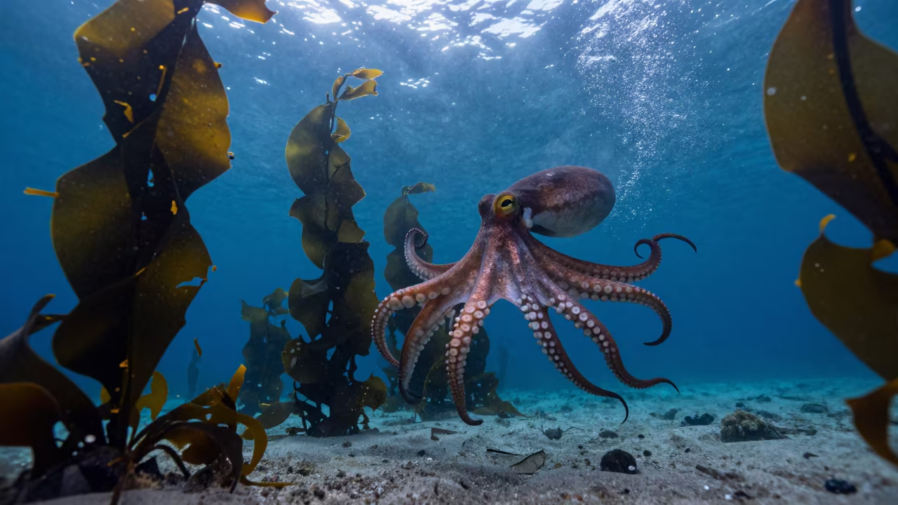 Octopus in Kelp Forest with Light Shafts in through a forest of kelp fronds near Salvador