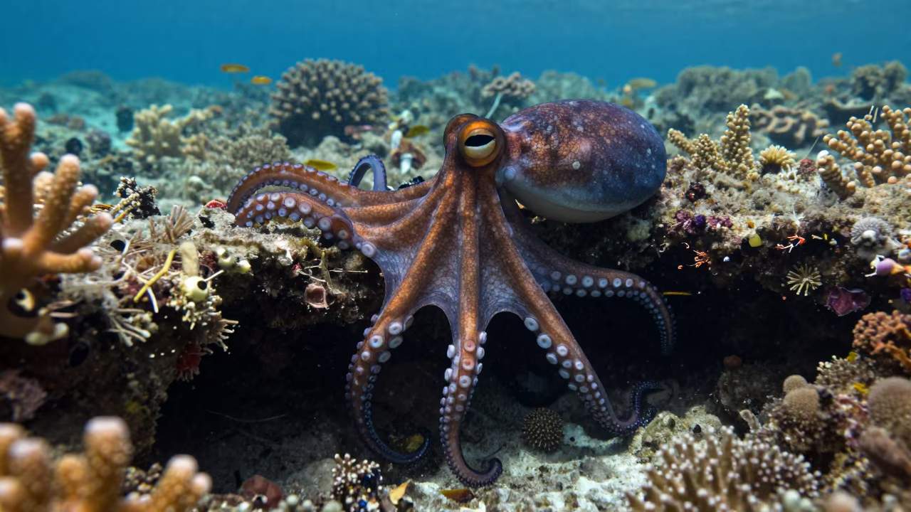 Octopus Shifting Color on Cebu Reef in beside a reef crevice under clear water near Cebu