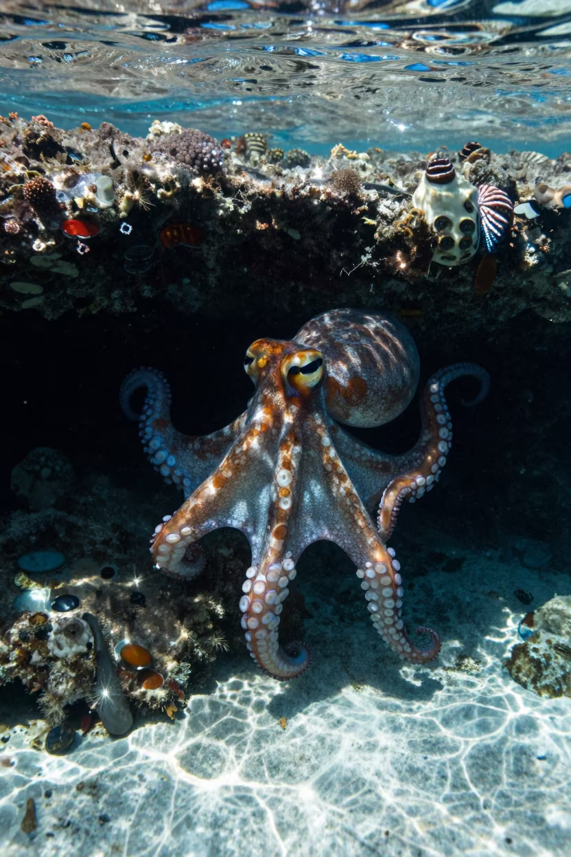 Octopus Shifting Colors on Volcanic Reef in beside a volcanic reef overhang near Stone Town
