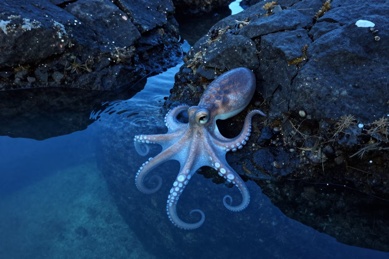 Octopus Squeezing Between Cold Reef Rocks in above a cold-water reef edge near Sydney