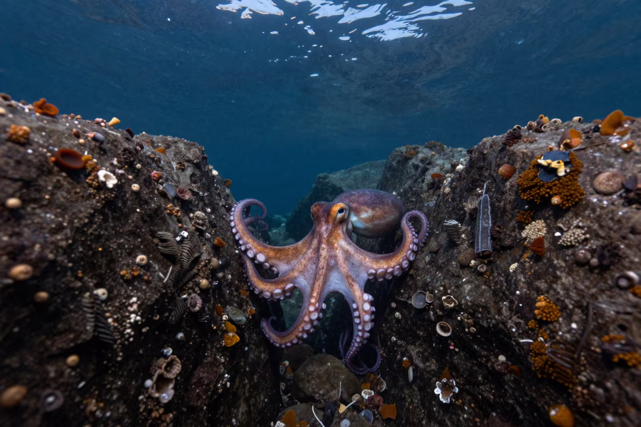 Octopus Squeezing Between Rocks in Twilight Tide Pool in beside a tide-cut rock ledge under clear water in Fukuoka