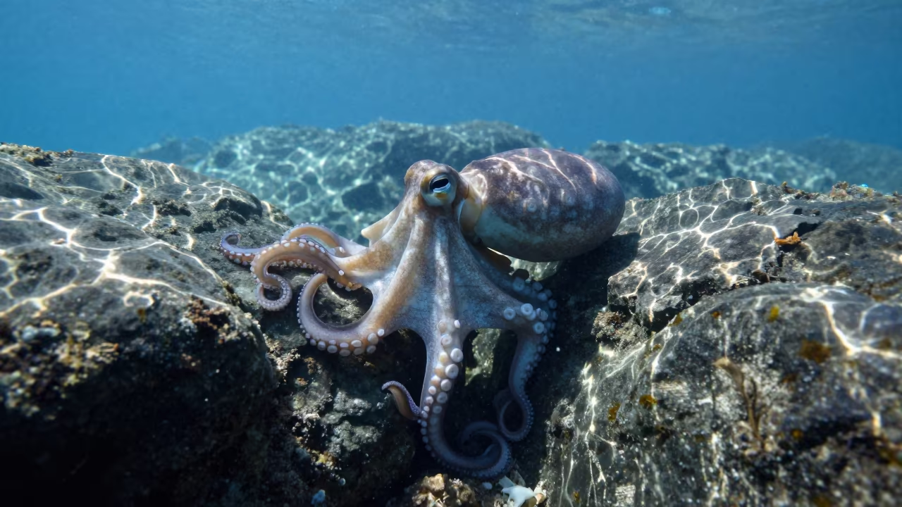 Octopus Squeezing Between Oregon Reef Rocks in above a cold-water reef edge in Oregon