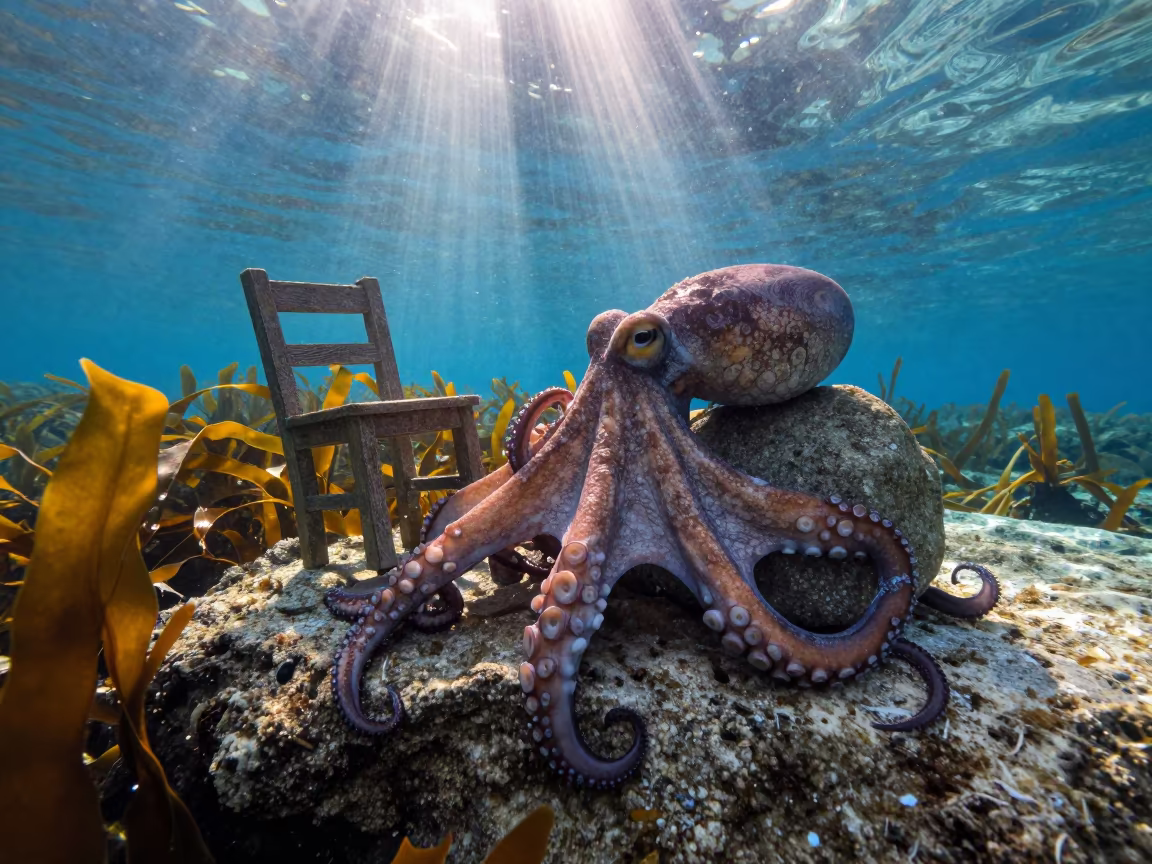 Octopus Texture Shift Against Kelp in Croatia in beside a tide-cut rock ledge under clear water in Croatia