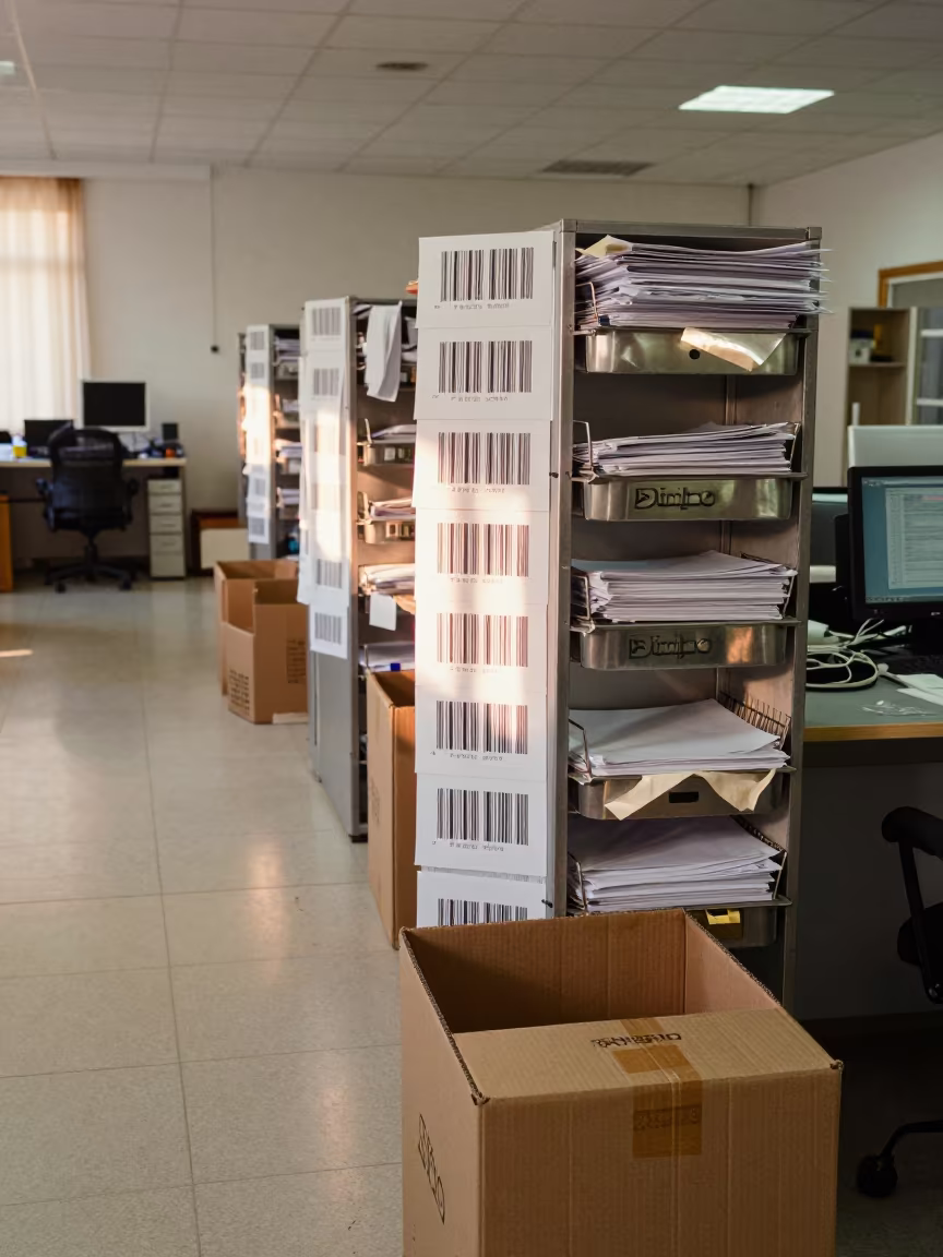 Office Archive Stand with Dust and Forms in in an operations center under monitor glow near Bimbo