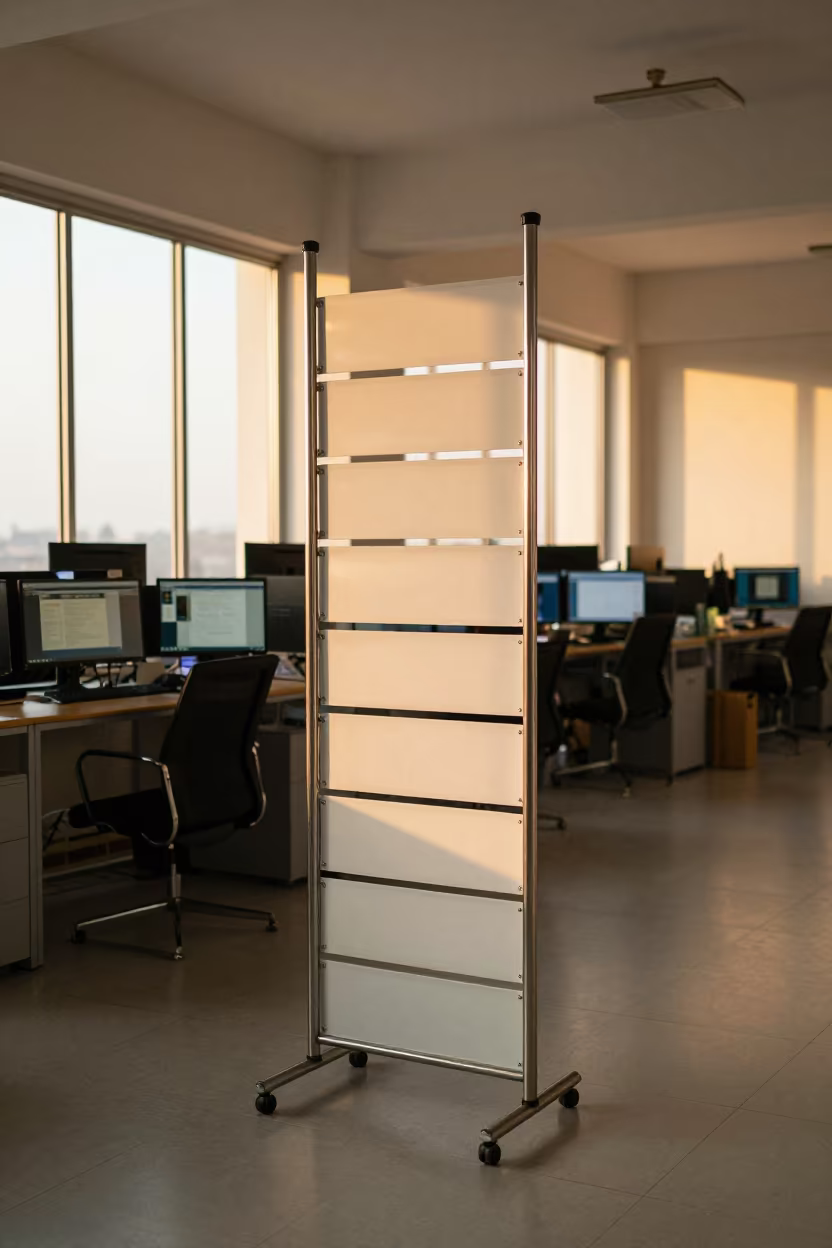 Office Banner Rack in Golden Window Light in in an operations center under monitor glow in Ranchi