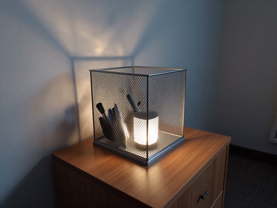 Office Cage on Bedside Table in Winter Twilight in on a bedside table near Yekaterinburg