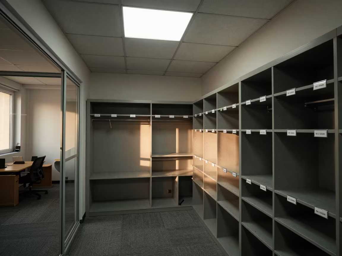 Office Coat Closet Label Rail in Late Afternoon in inside an open-plan office bay in Herat