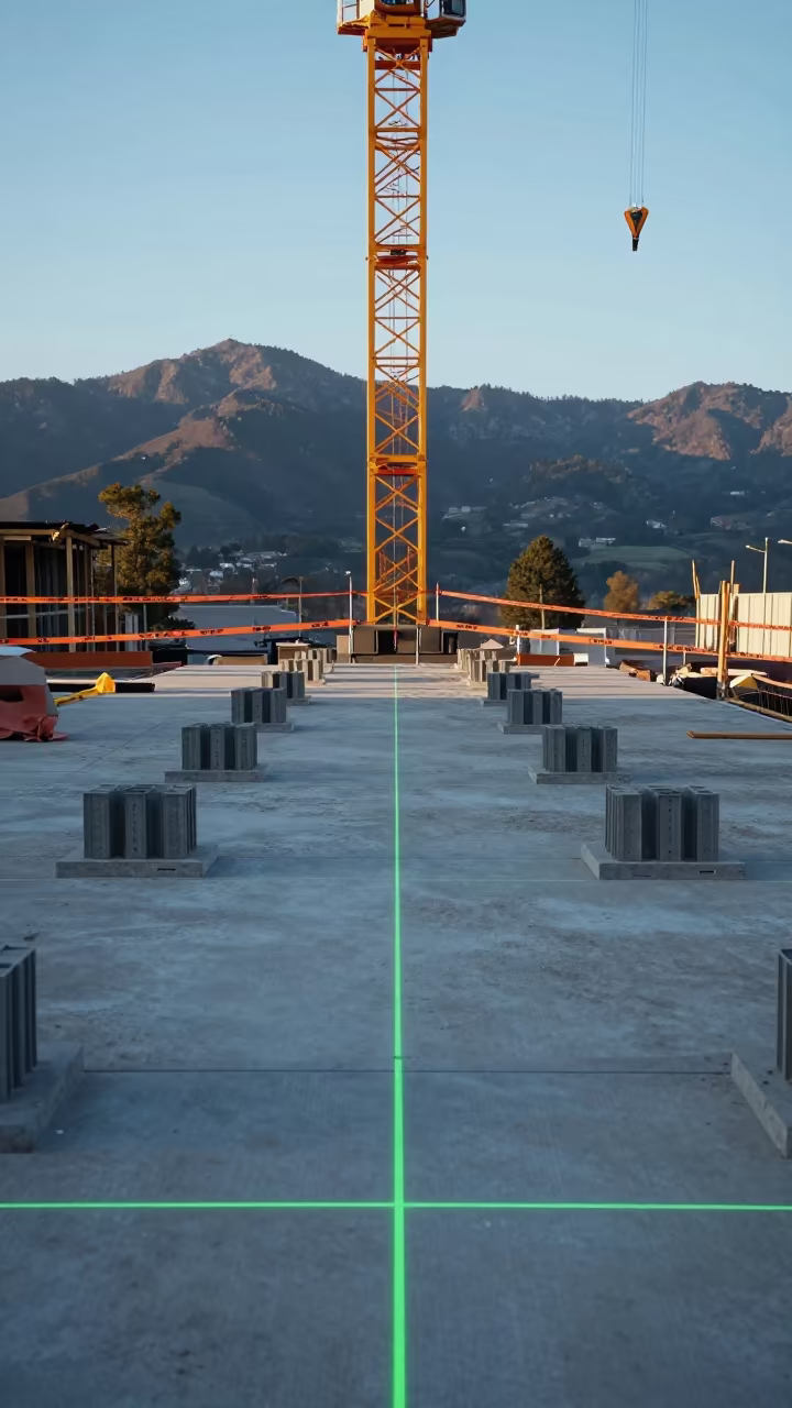 Office Core Floor Construction Under Winter Light in beneath a tower crane on open ground near Ponce