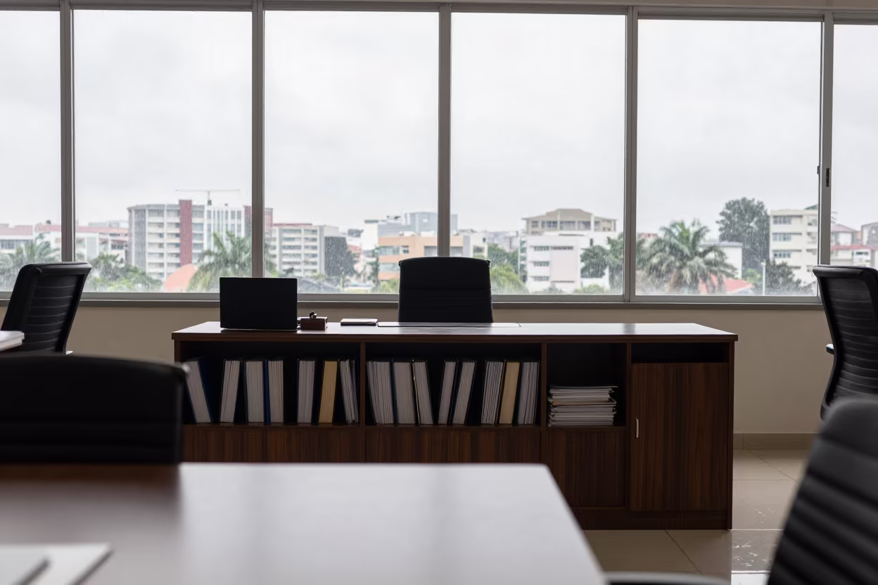 Office Credenza with Folders in Duékoué Conference Room in inside a conference room in Duékoué