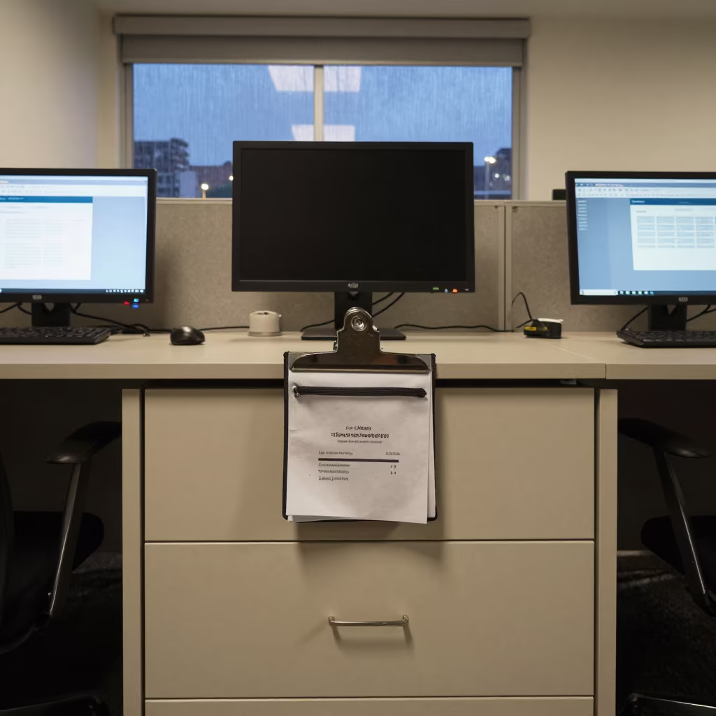 Office Dais Pouch with Dust and Glare in inside an open-plan office bay near Ogbomosho