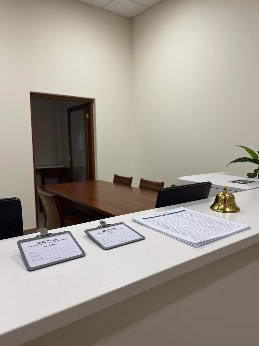 Office Desk With Badges And Bell Near Kasbah in inside a conference room near Kasbah, Marrakech