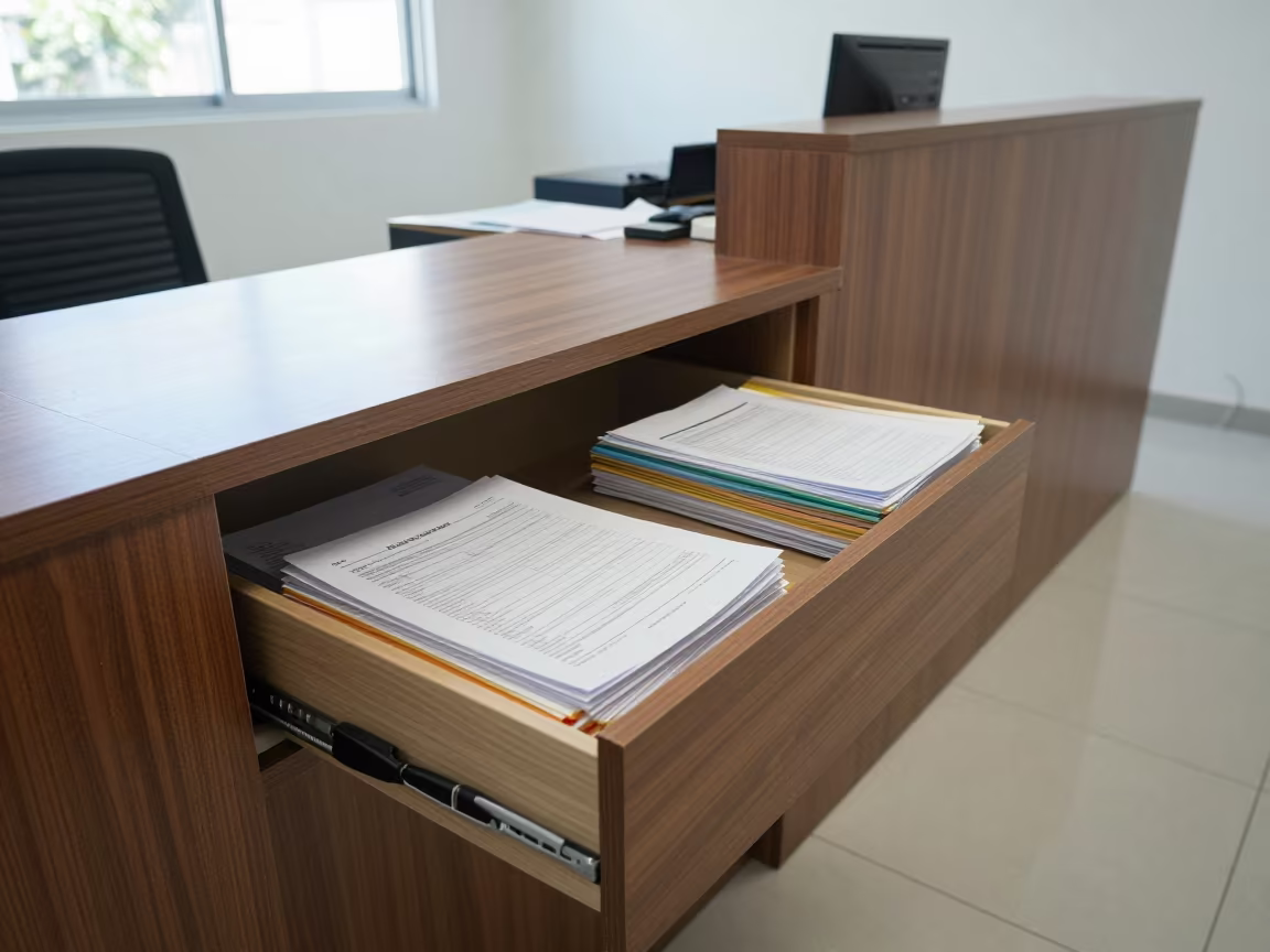 Office Drawer Pulling Finance Records in Curitiba in at an office reception desk in Curitiba
