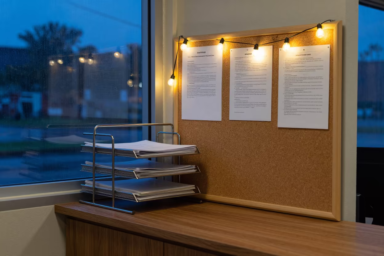 Office File Station and Notice Board at Blue Hour in at an office reception desk in Portmore