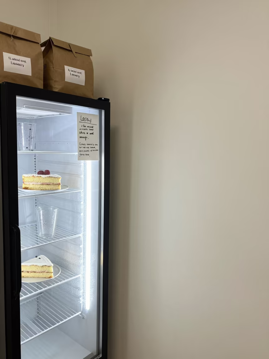 Office Fridge with Cake and Lunches Before Rush in at an office reception desk near Tlemcen