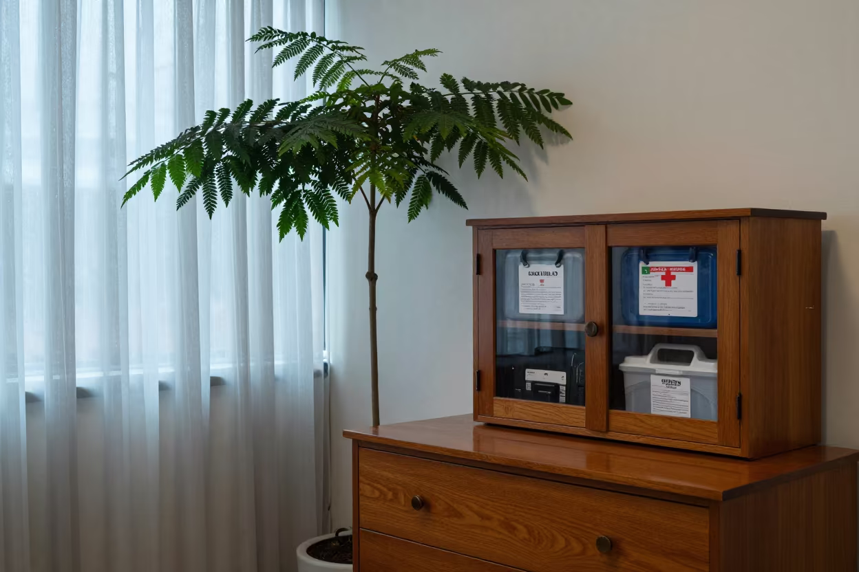 Office Kit Cabinet with Horizontal Tree in Bogota Hotel in on a hotel dresser in Bogota