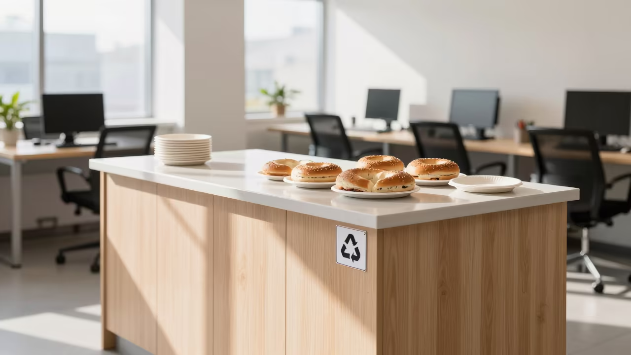 Office Kitchen Island Bagels After Breakfast in inside a coworking floor in Mysore
