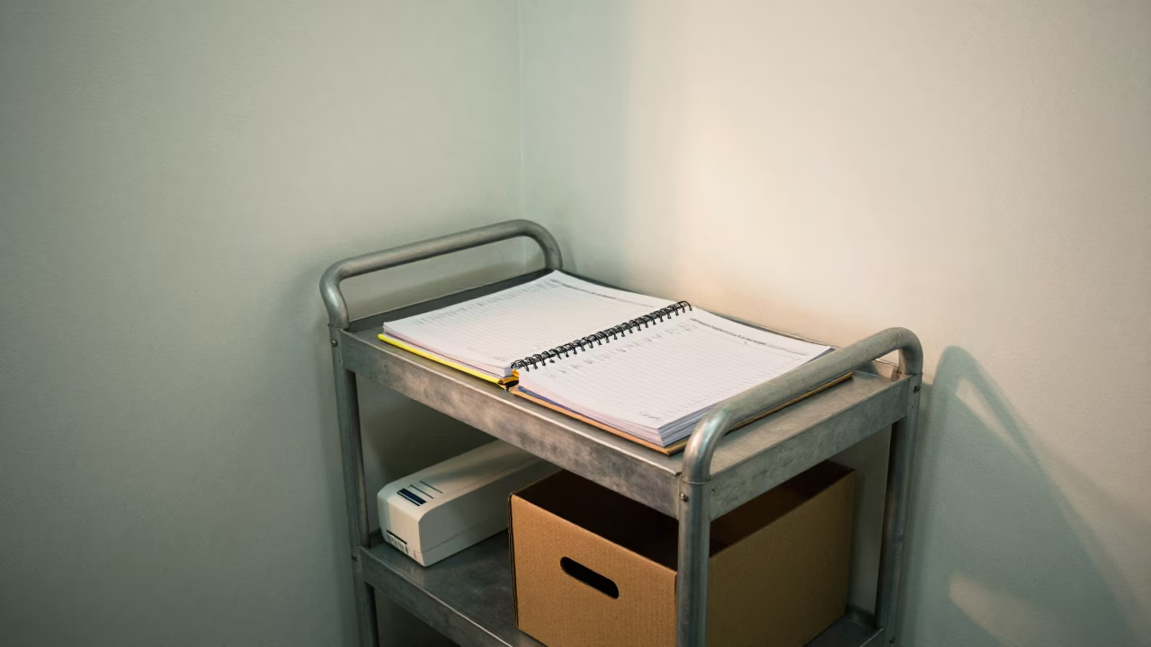 Office Minutes Binder Cart in Sialkot Bay in inside an open-plan office bay in Sialkot