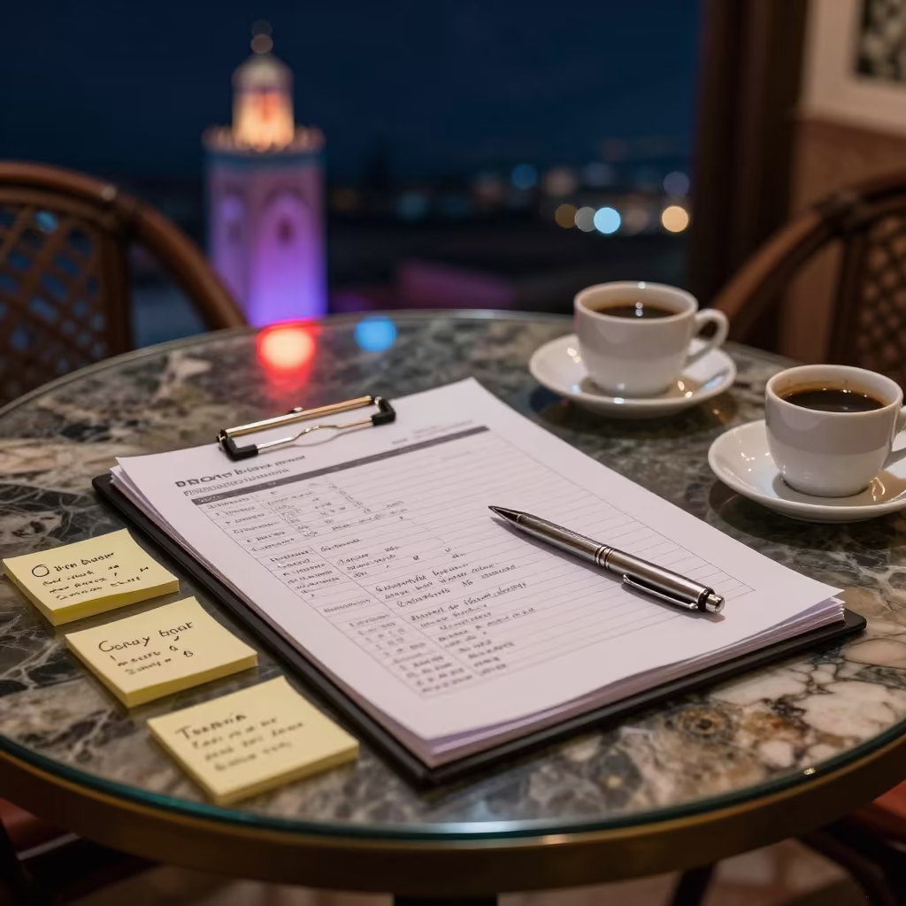 Office Move Plan on Cafe Table in Marrakech Night in on a cafe table by a window in Marrakech