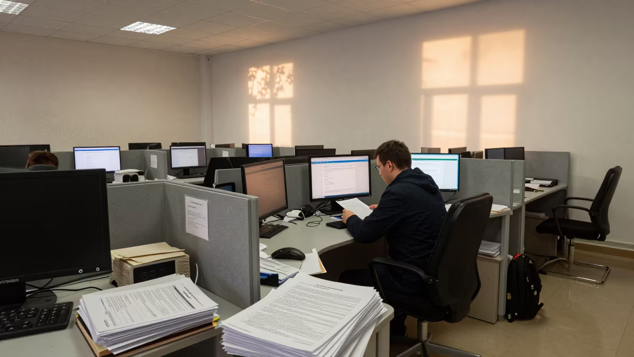 Office Packet Sorter Before Morning Rush in Samara in in an operations center under monitor glow in Samara