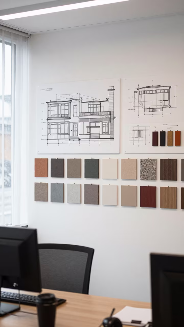 Office Pinup Wall with Elevations and Samples in inside an open-plan office bay near Keren