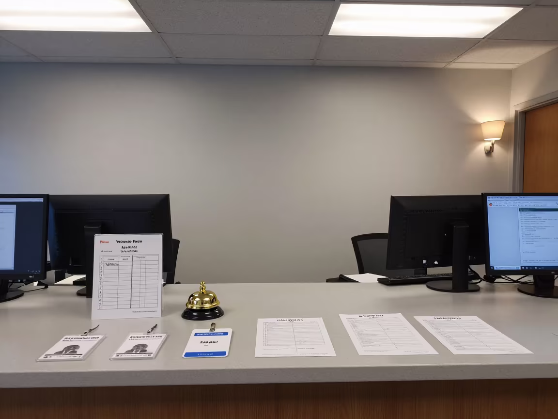 Office Reception Desk with Badges and Bell in in an operations center under monitor glow in Minneapolis