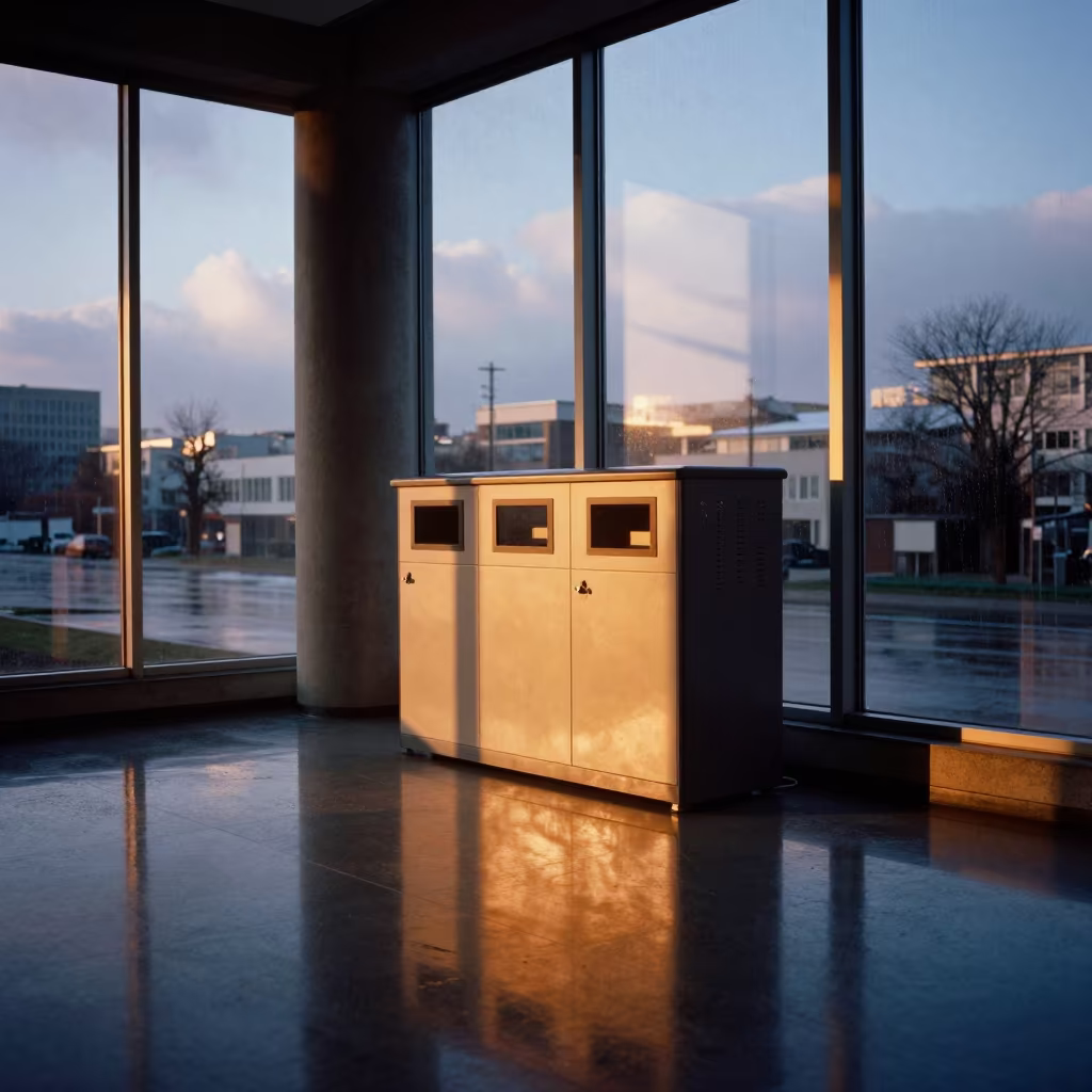 Office Recycling Station in Evening Light in inside a skylit passageway in Anyang