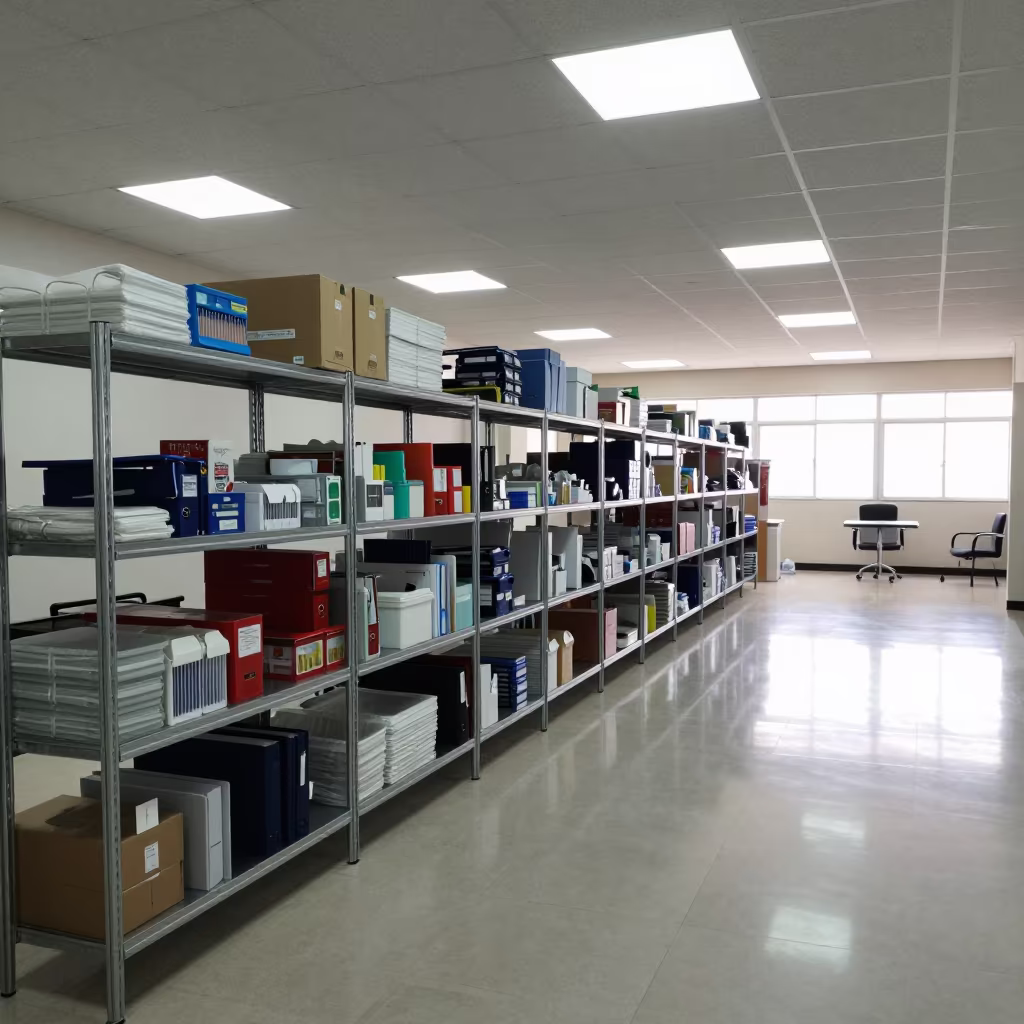 Office Stationery Shelf Under Noon Light in inside a conference room in San Pedro de Macorís