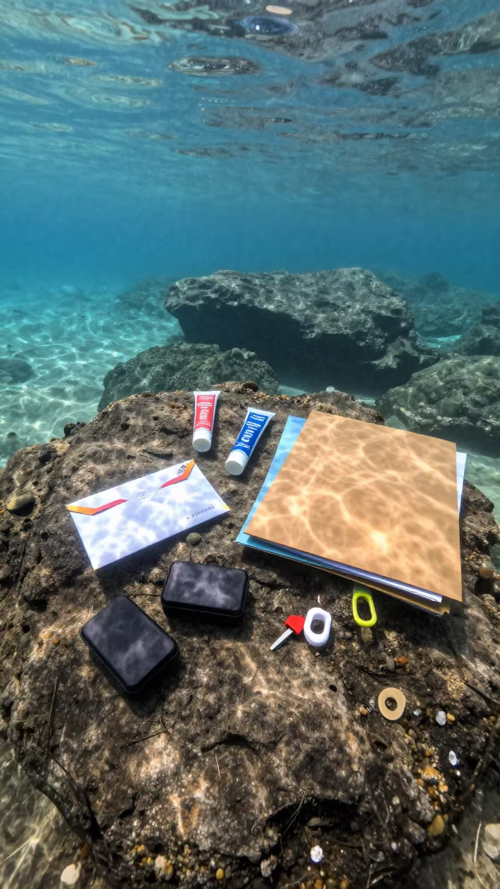 Office Supplies Resting on Mumbai Tide-Cut Rock in beside a tide-cut rock ledge under clear water near Mumbai