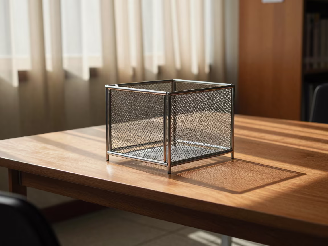 Office Supply Cage on Dusty Library Table in on a dusty library table in Yogyakarta