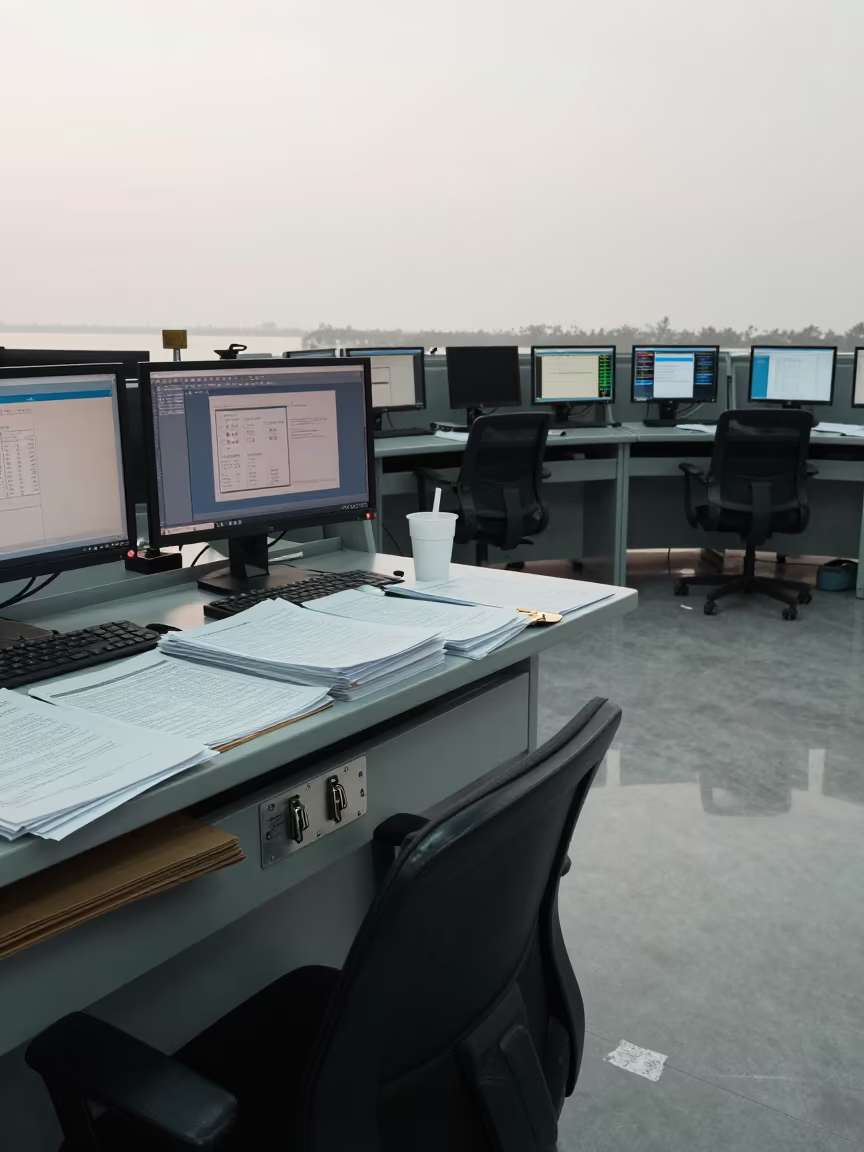 Office Workstation Cable Lock Cup with Forms in in an operations center under monitor glow near Can Tho