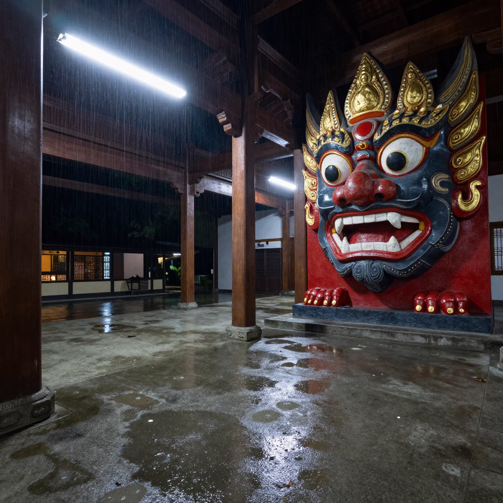 Ogoh Ogoh Statue In Prayer Hall At Midnight in in a prayer hall in Yogyakarta