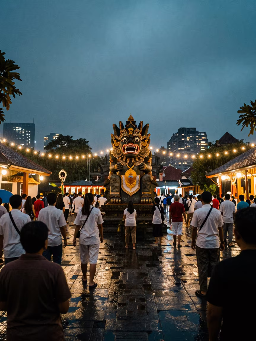 Ogoh Ogoh Statue in Temple Courtyard at Dusk in in a temple courtyard in Yogyakarta