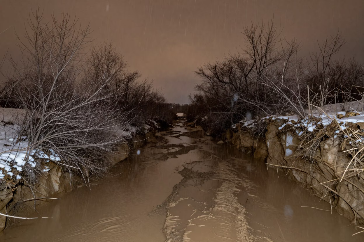 Ohio Arroyo After Flash Flood Under Winter Starlight in in Ohio