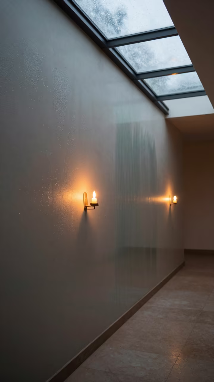 Oil Film Interference on Glass at Sunset in inside a skylit passageway in Bujumbura