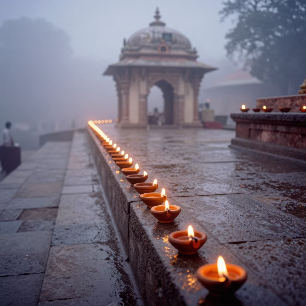Oil Lamps Along Ghat Edge During Evening Aarti in at a shrine entrance in India