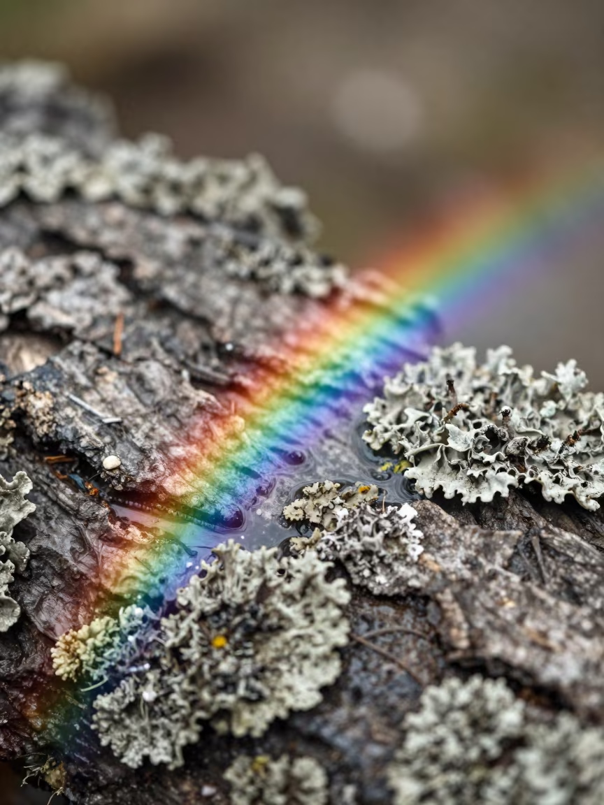 Oil Rainbow on Lichen Bark Puddle in Prayagraj in on lichen-covered bark in Prayagraj