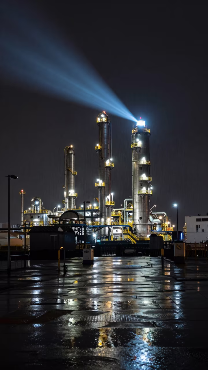 Oil Refinery Night Sweep Amsterdam Monsoon in beside exposed structural steel near Jordaan, Amsterdam
