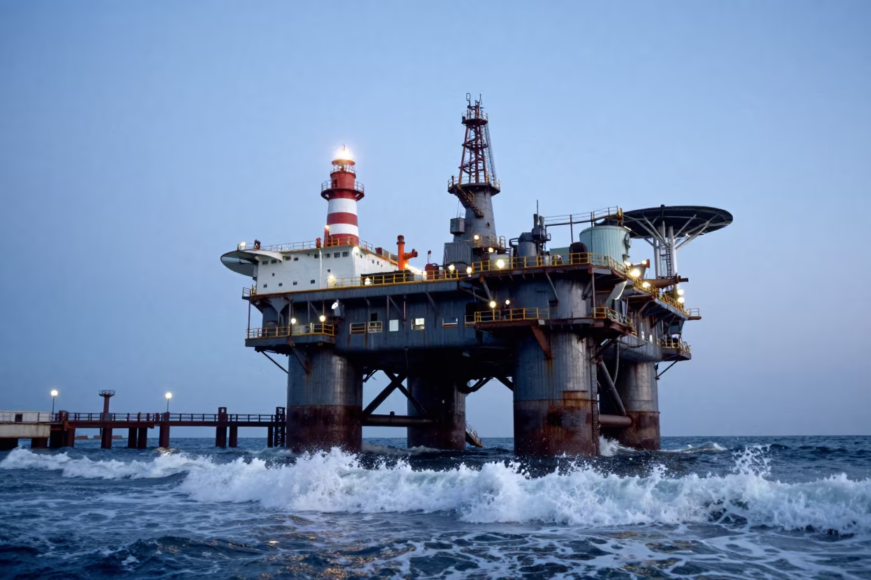 Oil Rig Before Dawn in Havana in under gantries and utility towers near Centro Habana, Havana