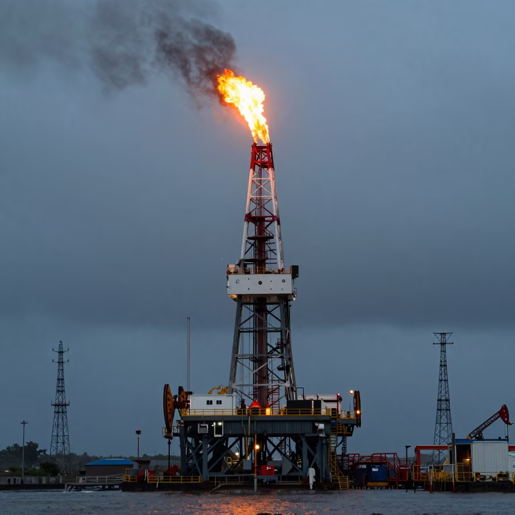 Oil Rig Flare Stack Burning Orange at Dawn in under gantries and utility towers near Huacho