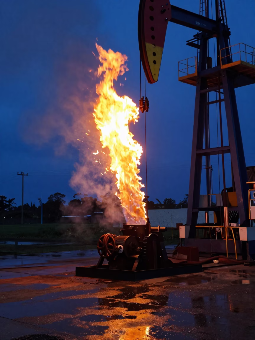 Oil Rig Flare Stack Burning Orange at Blue Hour in near Campinas