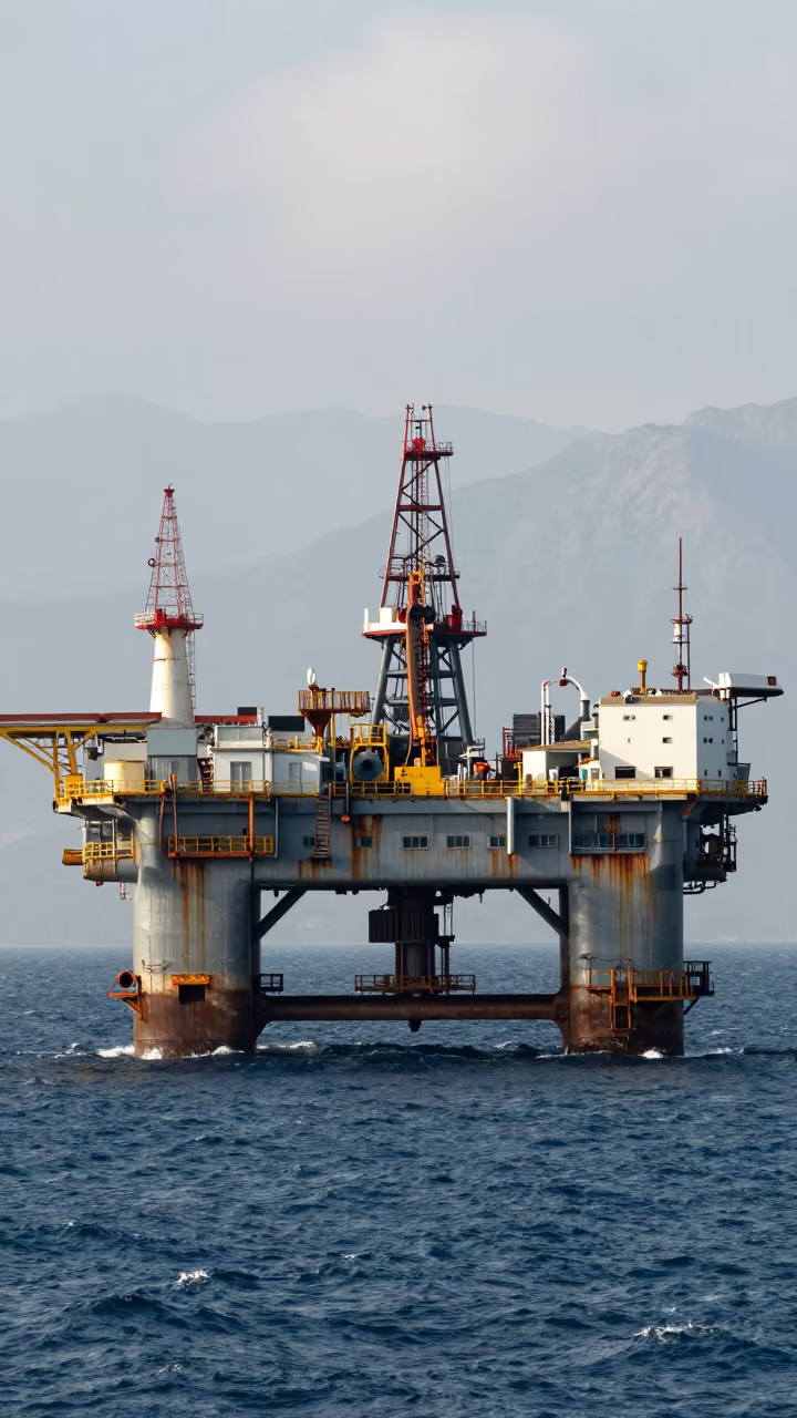 Oil Rig Platform Under Burao Gantry at Noon in under gantries and utility towers near Burao
