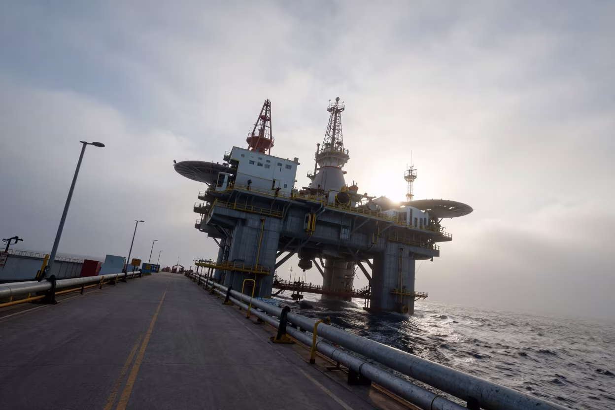 Oil Rig Platform Dawn Light Argentina in along a service road lined with pipes in Argentina