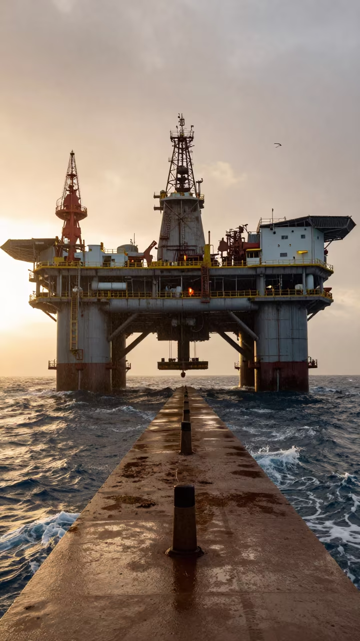 Oil Rig Platform Golden Hour Iraq Seas in beside exposed structural steel in Iraq
